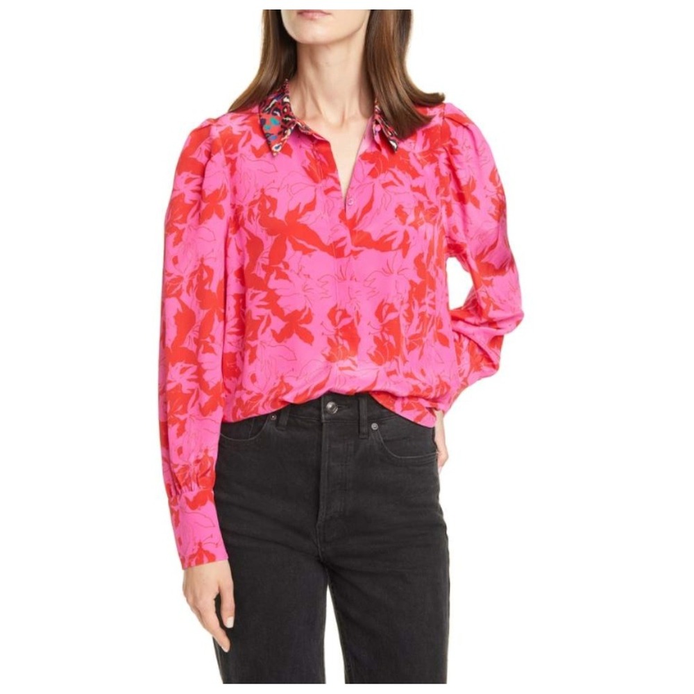 Tanya Taylor Dominique Silk Blouse Button Down Top Pink Red Floral Leopard 8‎